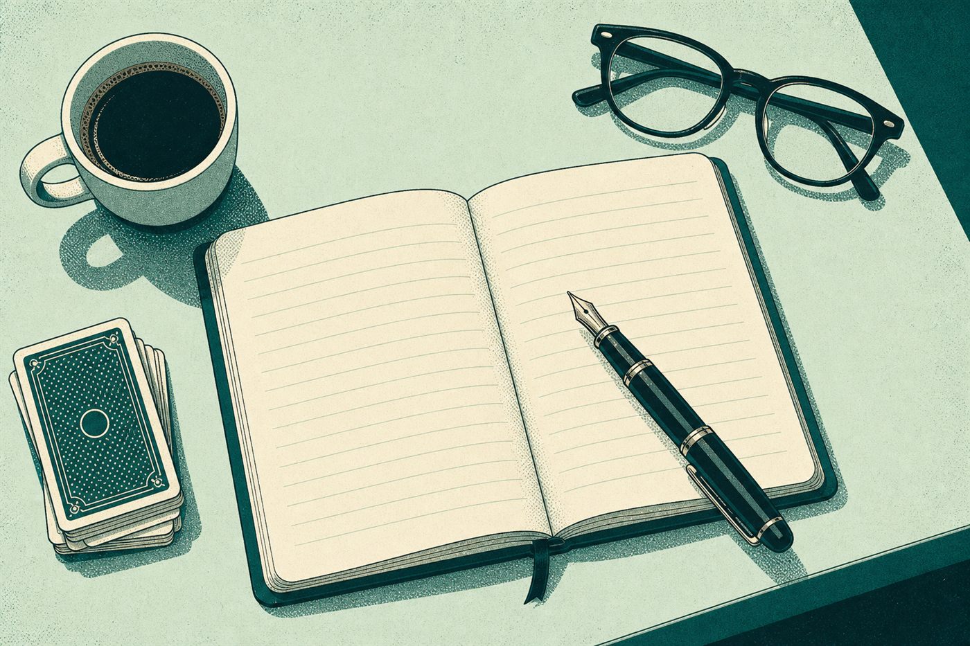 Retro illustration of an editor's desk with an open notebook, fountain pen, coffee, glasses and a stack of playing cards