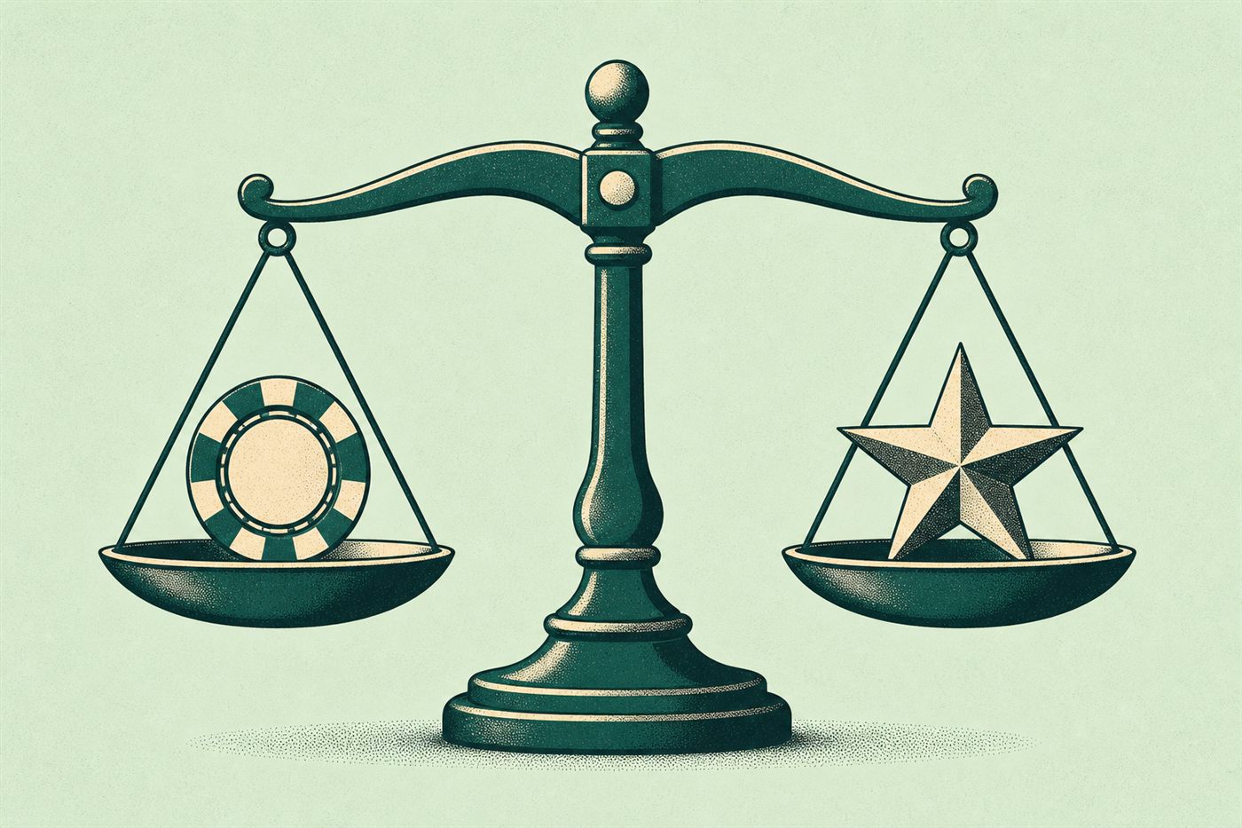 Retro illustration of a balance scale weighing a casino chip against a star