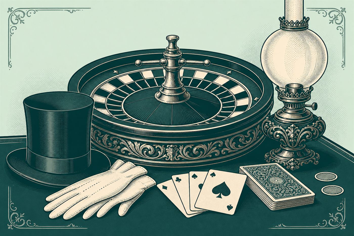 Retro engraving-style illustration of a Victorian roulette wheel, top hat, gloves, playing cards and gas lamp