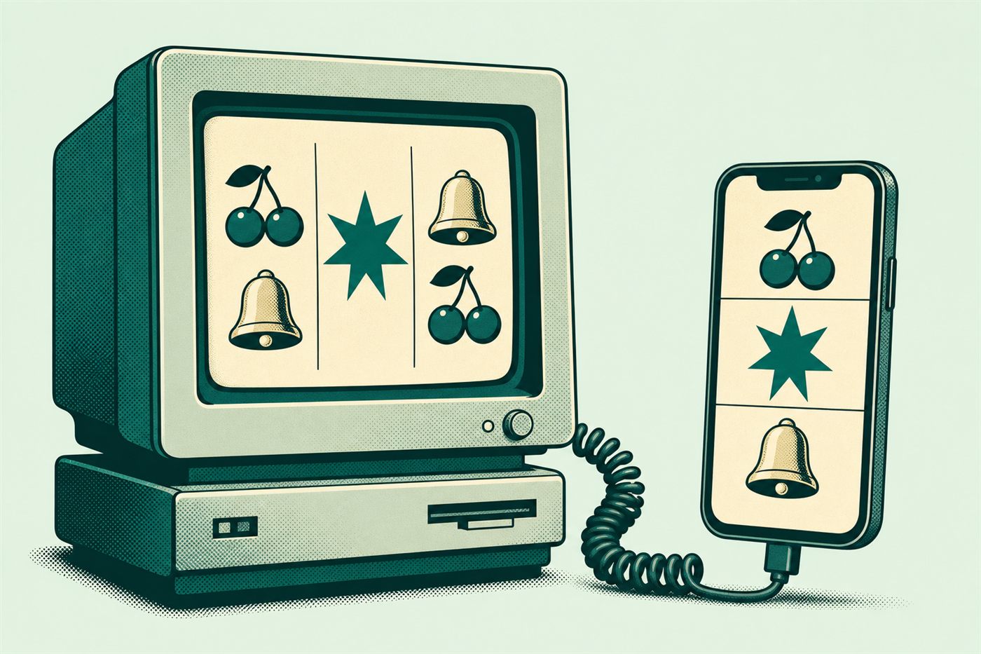 Retro illustration of a CRT computer and a smartphone both showing slot reel symbols