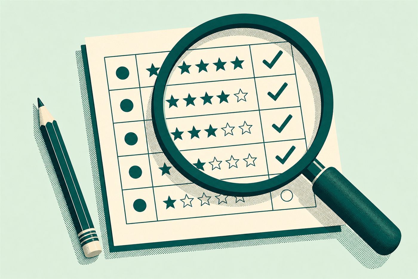 Retro illustration of a magnifying glass over a scorecard marked with stars and ticks