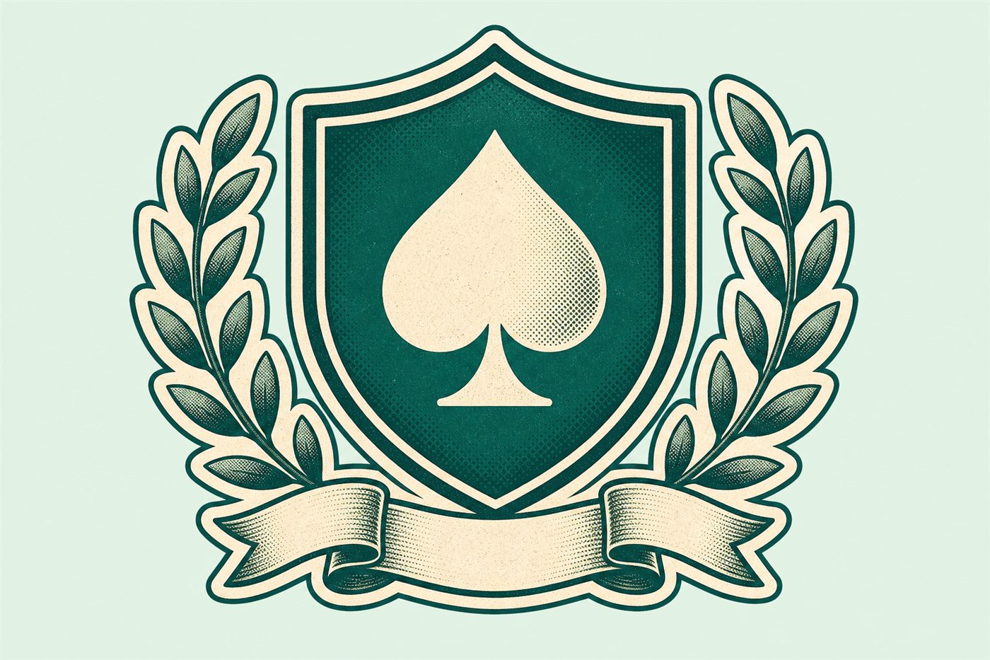 Retro emblem of a shield bearing a spade symbol, framed by laurel branches