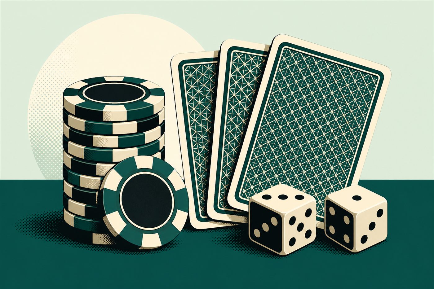 Retro illustration of casino chips, playing cards and dice on a table