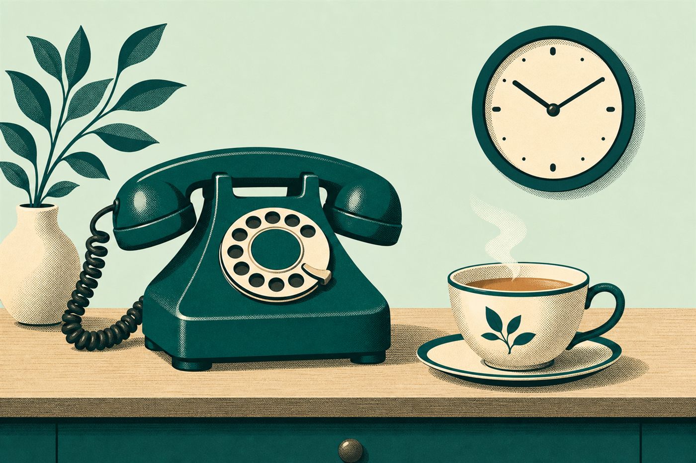 Calm retro illustration of a telephone, a cup of tea and a wall clock